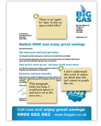 Sticky notes on a letter from Big Gas, highlighting consumer confusion regarding terms and conditions, emphasizing the need for clearer communication in marketing materials.