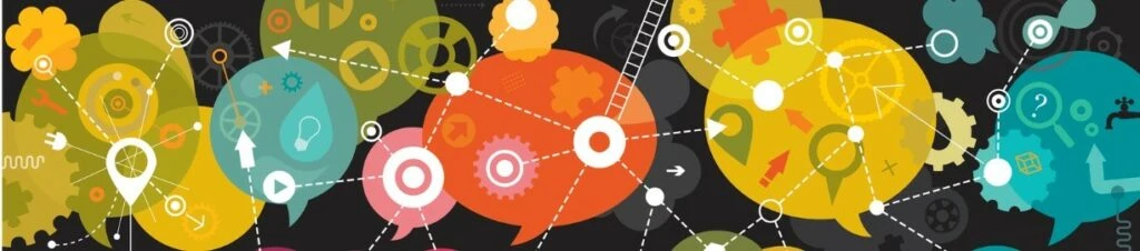 Colorful speech bubbles with icons representing communication, marketing, and consumer behavior, illustrating themes of marketing communications and engagement.