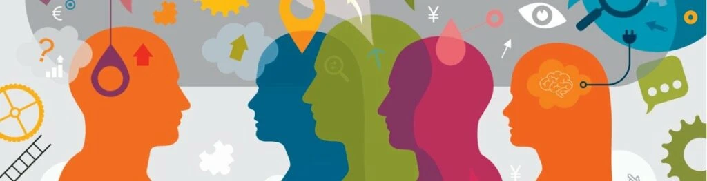 Colorful silhouettes of heads representing diverse thoughts and ideas, surrounded by symbols of market research, insights, and customer understanding, illustrating qualitative research concepts.