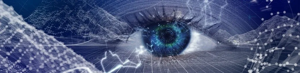 Eye with digital data and neural network patterns, symbolizing neuromarketing and semiotics in branding.