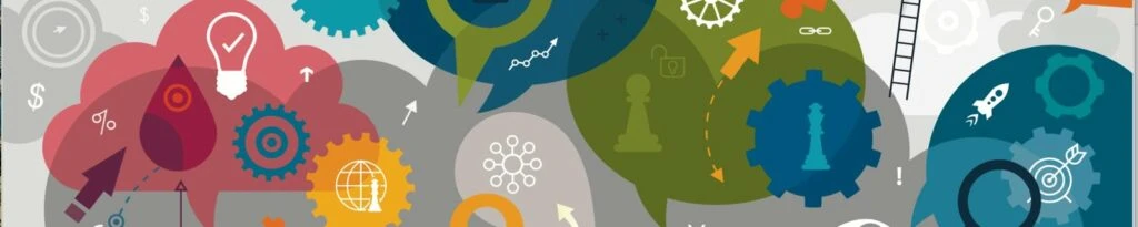 Colorful graphic illustrating various symbols related to online communities and market research, including gears, light bulbs, arrows, and a globe, representing the diverse applications and insights of digital communities.