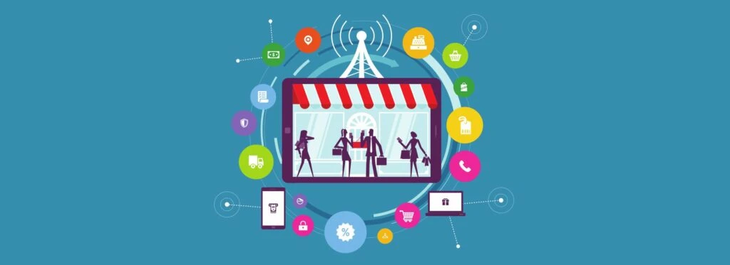 Illustration of a retail store surrounded by digital icons representing consumer decision-making, online shopping, and marketing strategies.