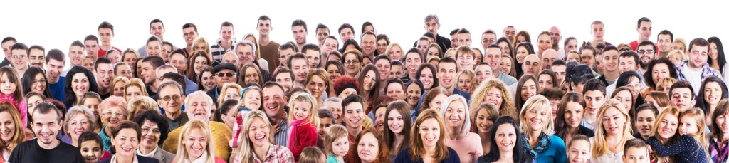 Large group of diverse, happy people smiling at the camera, representing customer personas for market research and branding strategies.