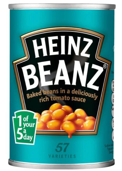 Heinz Beanz canned baked beans in rich tomato sauce, featuring the slogan "1 of your 5 a day" and highlighting 57 varieties, illustrating brand recognition and consumer loyalty in grocery purchases.