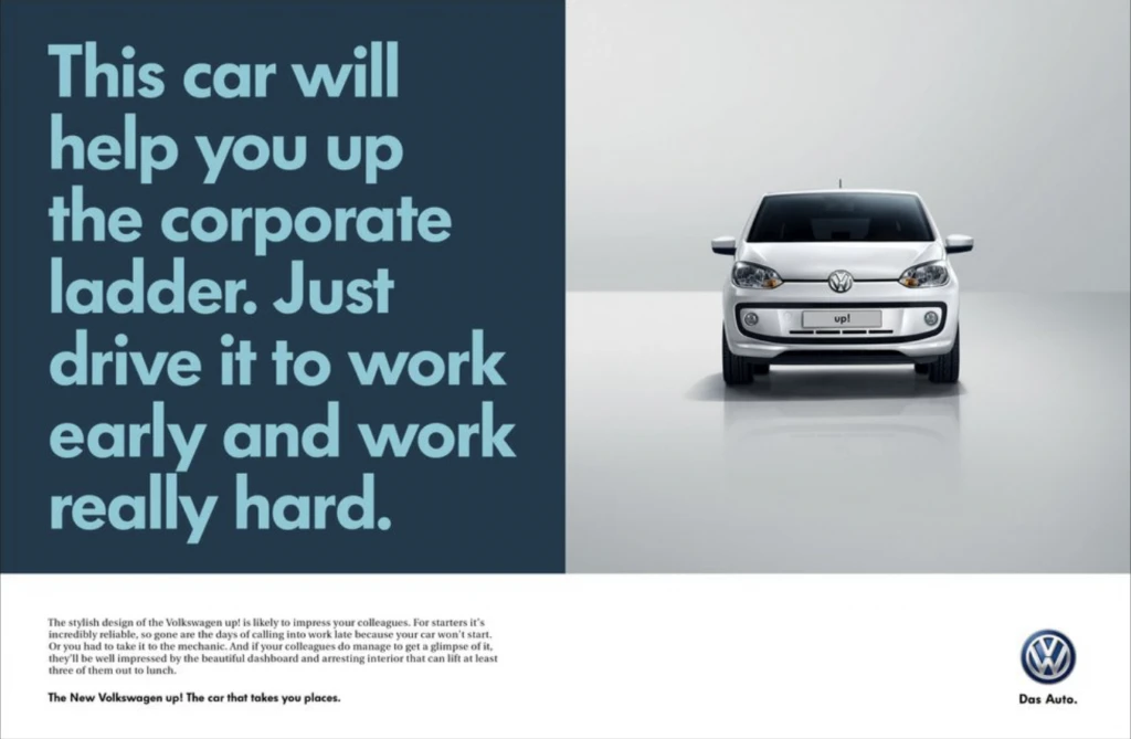Volkswagen car advertisement highlighting the Everyman archetype, emphasizing reliability and corporate success, featuring the vehicle's front view with a sleek design and brand logo.
