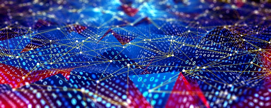 Abstract representation of Big Data with binary code and interconnected lines, illustrating data analysis concepts relevant to market research insights.