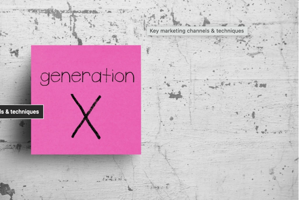 Pink sticky note with "generation X" text crossed out, set against a textured white background, featuring labels for "Key marketing channels & techniques."