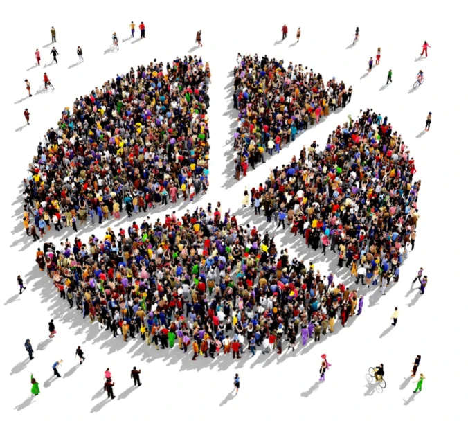 Crowd of diverse people forming a pie chart, representing customer segmentation in market research.