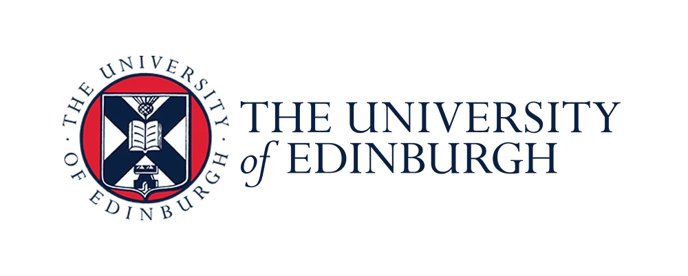 Logo of the University of Edinburgh, featuring a shield with a book and a hand, symbolizing education and knowledge, in a red and blue color scheme.
