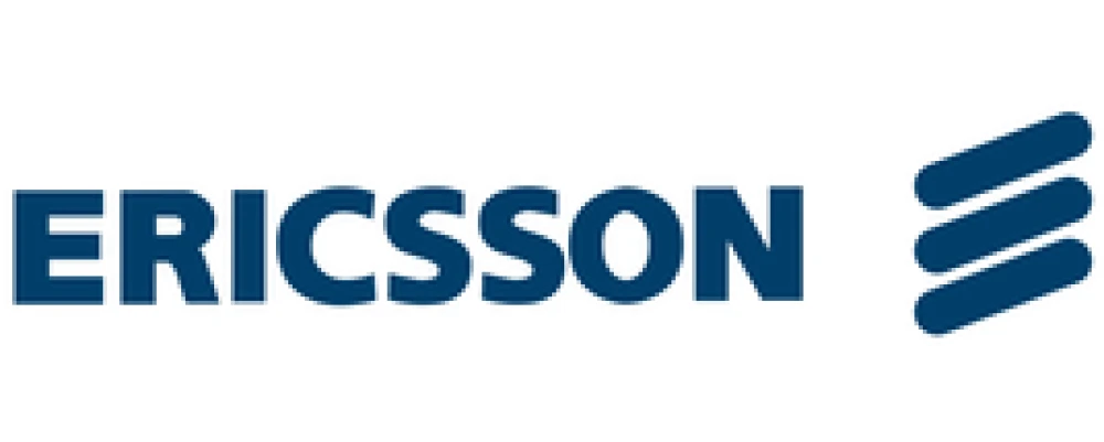 Ericsson logo featuring bold blue text and three stylized blue bars, representing the brand's identity in market research and communications.