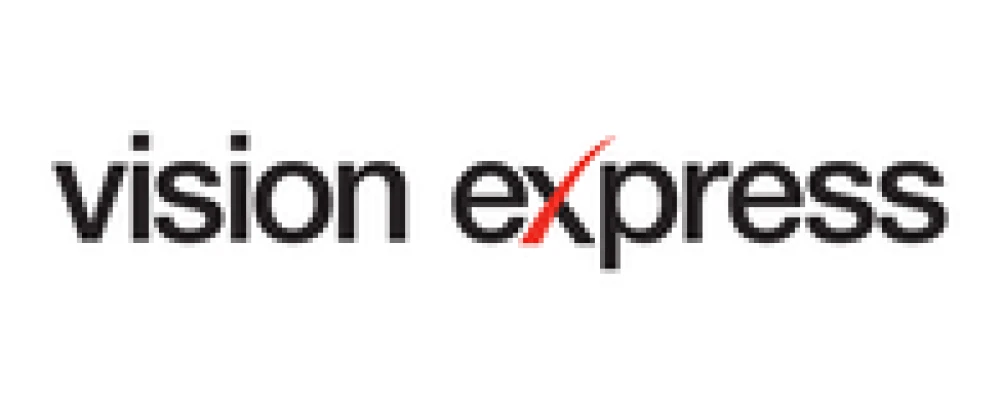 Vision Express logo, featuring the brand name in bold black text with a red checkmark accent, representing a leading optical retail chain specializing in eye care and eyewear solutions.