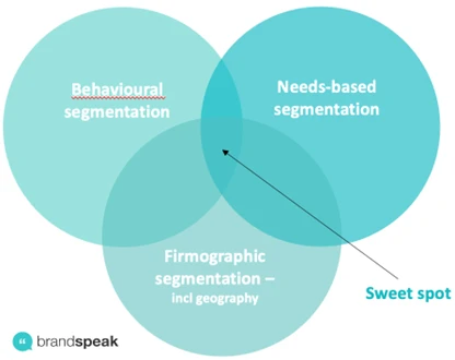 Venn diagram illustrating B2B segmentation types: behavioral, needs-based, and firmographic, highlighting the "sweet spot" where these segments intersect, relevant to B2B segmentation strategies.