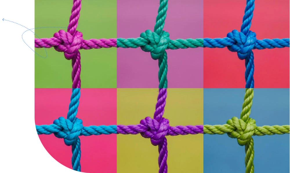 Colorful rope knots arranged in a grid pattern against vibrant backgrounds, symbolizing collaboration and connection in market research methodologies.