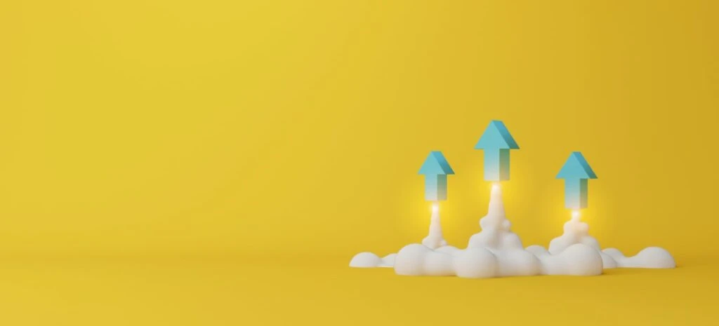 Three upward arrows emerging from clouds against a bright yellow background, symbolizing brand growth and tracking performance.
