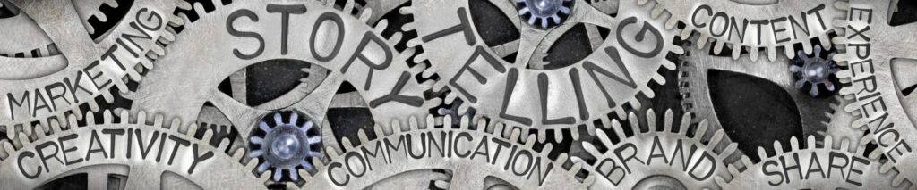 Gears with words like "Marketing," "Storytelling," "Creativity," and "Content," symbolizing the interconnected aspects of ad campaign measurement and effectiveness.