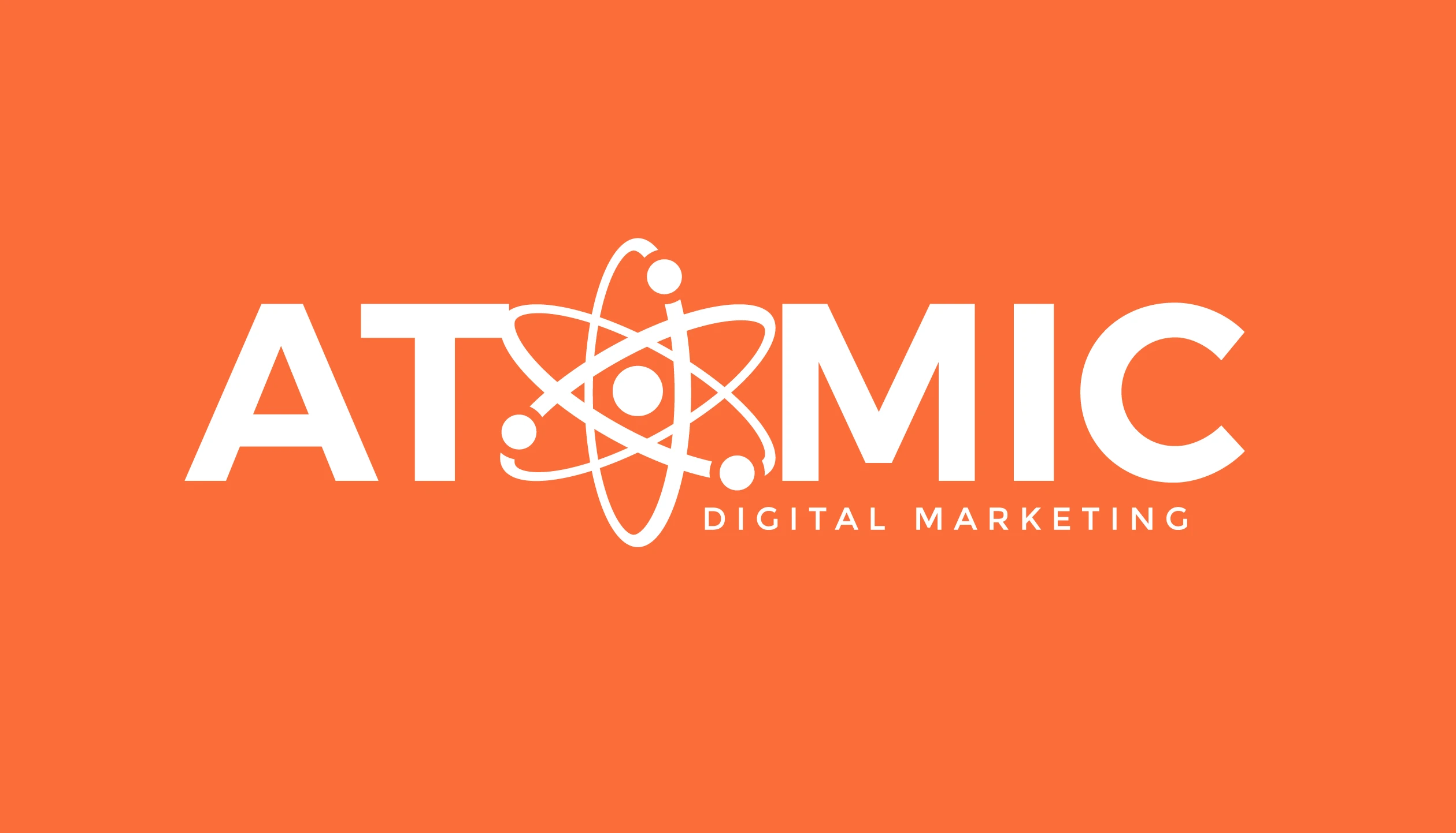 Atomic Digital Marketing logo featuring an atomic symbol on an orange background, representing the brand's focus on innovative digital solutions and website development.