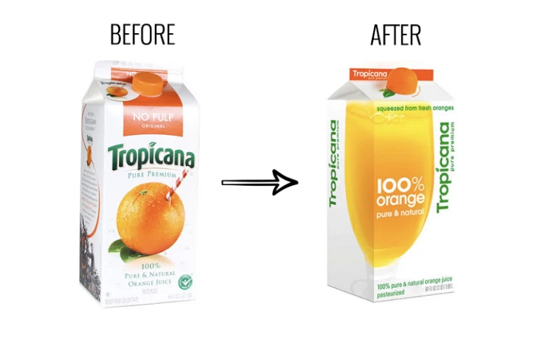 Tropicana orange juice packaging comparison, showing the original design with an orange on the left and the redesigned packaging featuring a juice-filled glass on the right, illustrating the branding change and its impact on consumer perception.