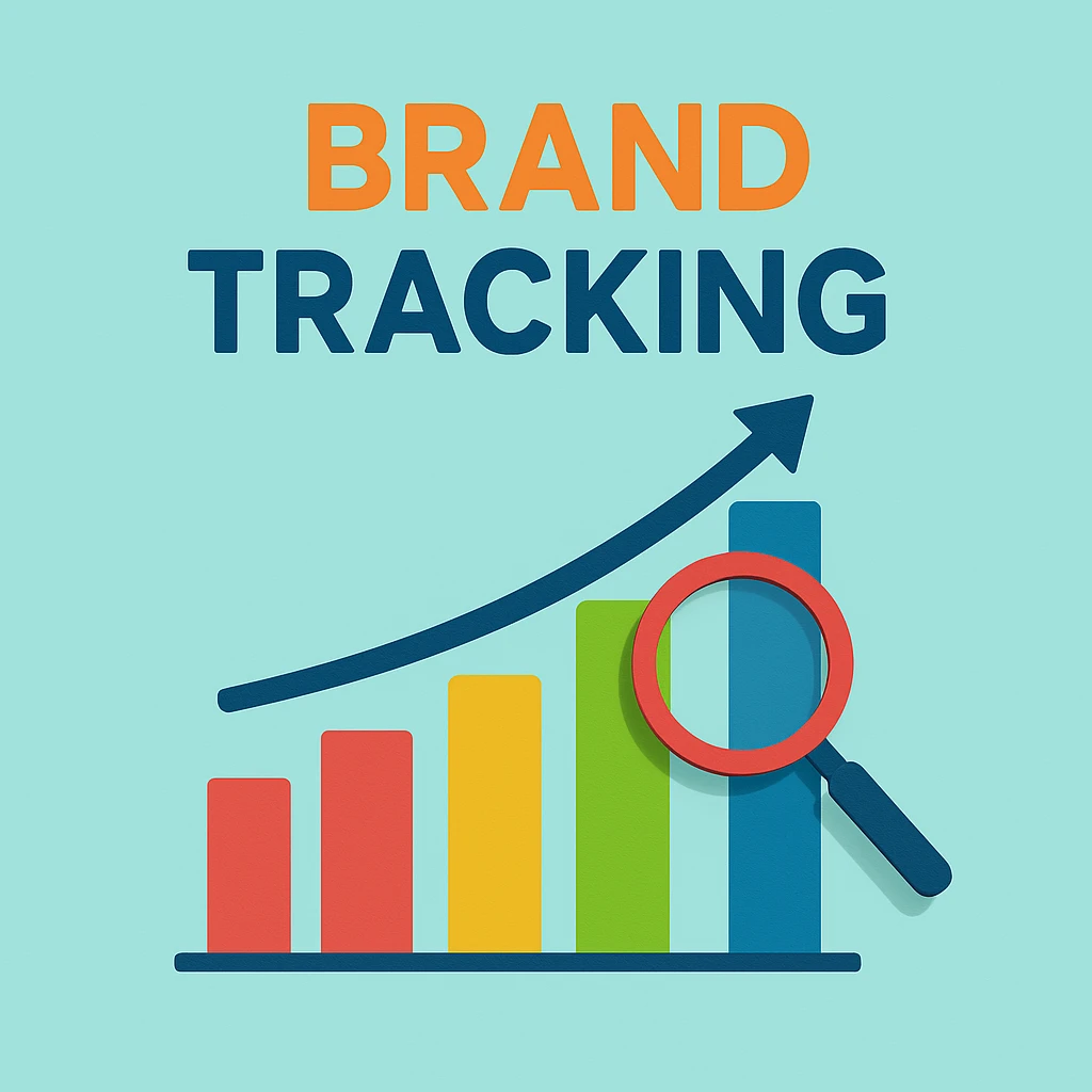 Brand tracking graphic featuring a colorful bar chart with an upward trend and a magnifying glass, emphasizing the importance of consistent brand measurement in market research.